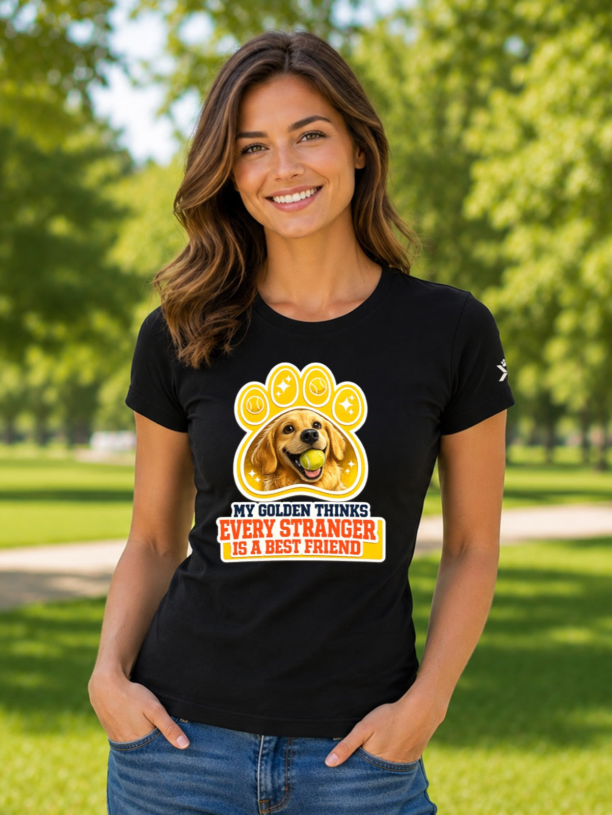 NOMAiX PAWS Golden Retriever T-Shirt for Women - My Golden Thinks Every Stranger Is a Best Friend - Funny Dog Mom Gift Tee - Black - Lifestyle