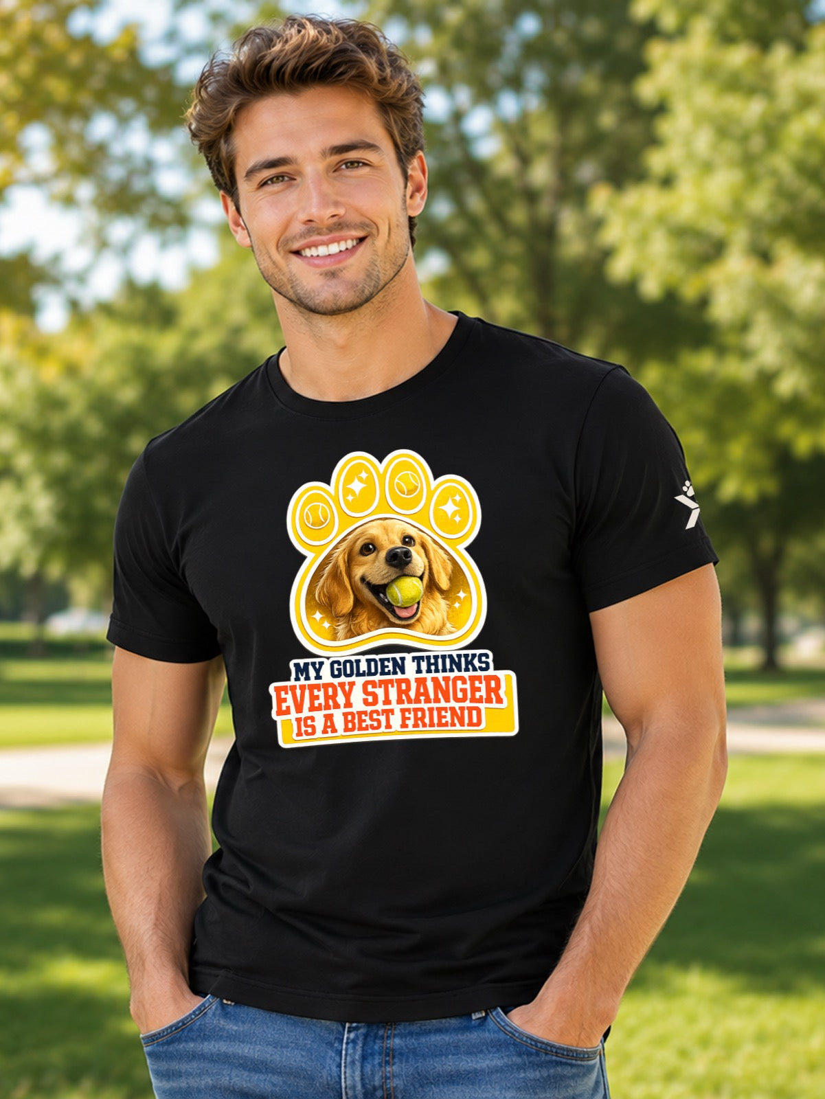 NOMAiX PAWS Golden Retriever T-Shirt for Men - My Golden Thinks Every Stranger Is a Best Friend - Funny Dog Dad Gift Tee - Black - Lifestyle