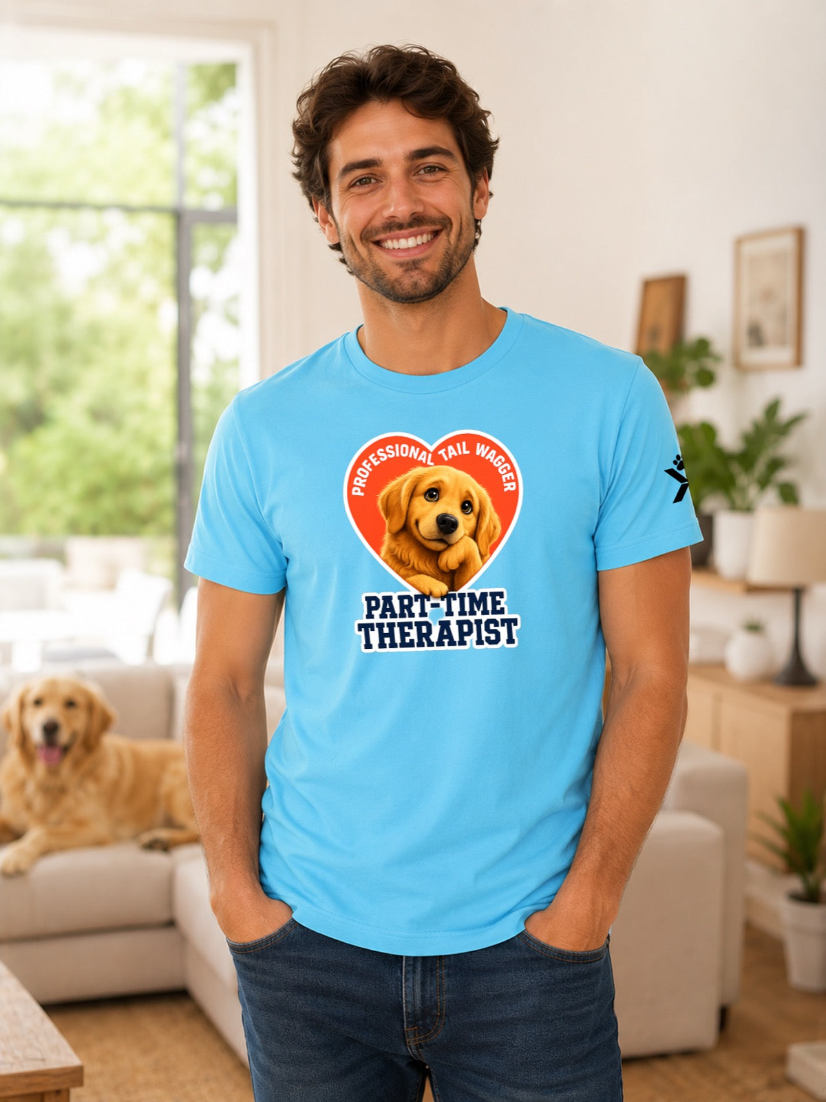 NOMAiX PAWS Golden Retriever T-Shirt for Men - Professional Tail Wagger Part-Time Therapist - Funny Dog Dad Gift Tee - Cyan - Lifestyle