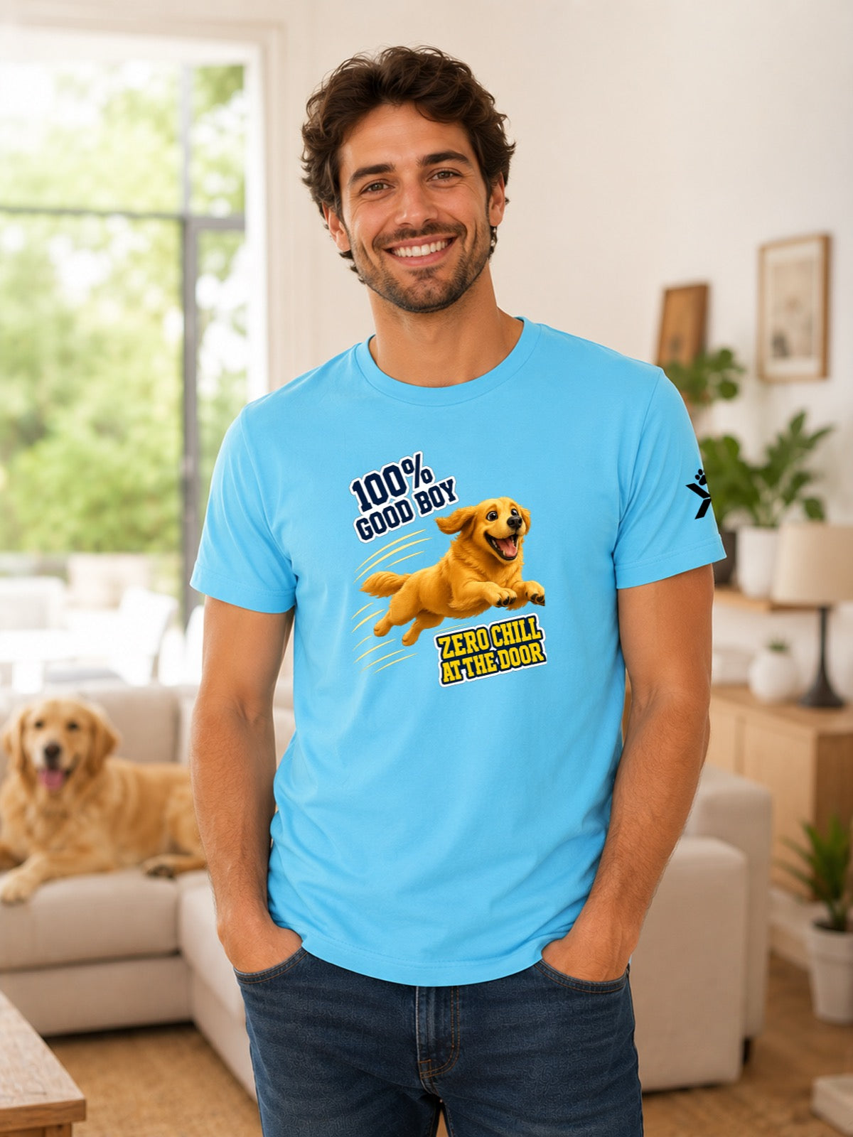 NOMAiX PAWS Golden Retriever T-Shirt for Men - 100% Good Boy Zero Chill at the Door - Funny Dog Dad Gift Tee - Cyan - Lifestyle