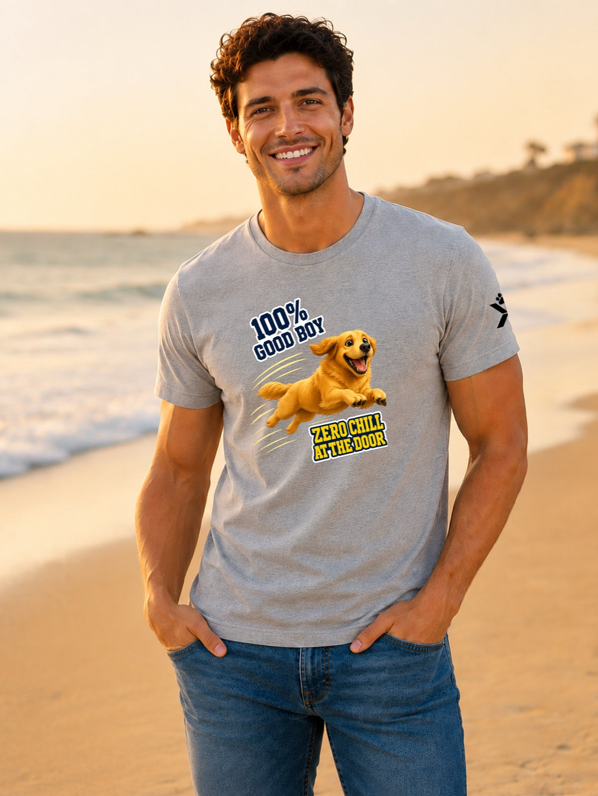 NOMAiX PAWS Golden Retriever T-Shirt for Men - 100% Good Boy Zero Chill at the Door - Funny Dog Dad Gift Tee - Grey - Lifestyle