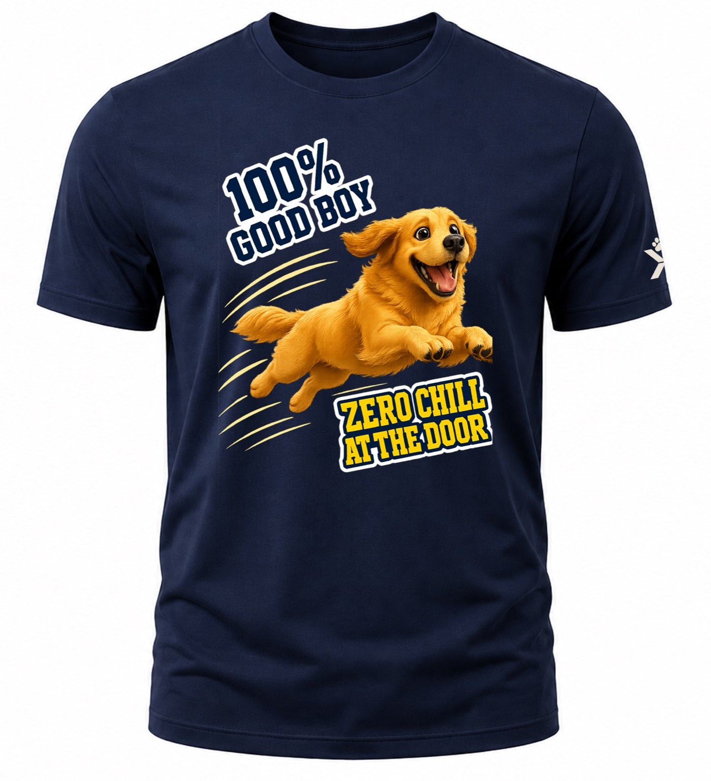 NOMAiX PAWS Golden Retriever T-Shirt for Men - 100% Good Boy Zero Chill at the Door - Funny Dog Dad Gift Tee - Navy - Flat