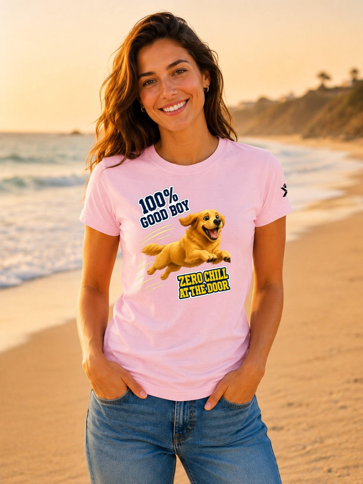 NOMAiX PAWS Golden Retriever T-Shirt for Women - 100% Good Boy Zero Chill at the Door - Funny Dog Mom Gift Tee - Baby Pink - Lifestyle