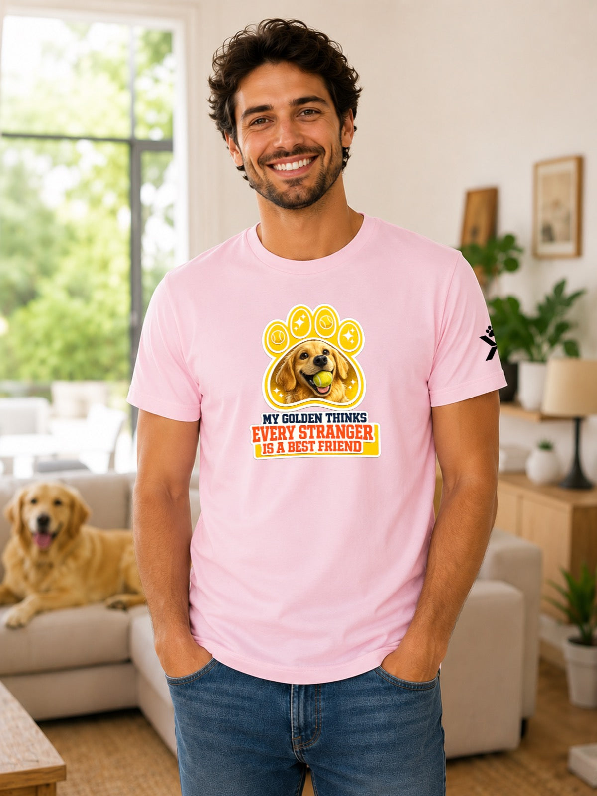 NOMAiX PAWS Golden Retriever T-Shirt for Men - My Golden Thinks Every Stranger Is a Best Friend - Funny Dog Dad Gift Tee - Pink - Lifestyle