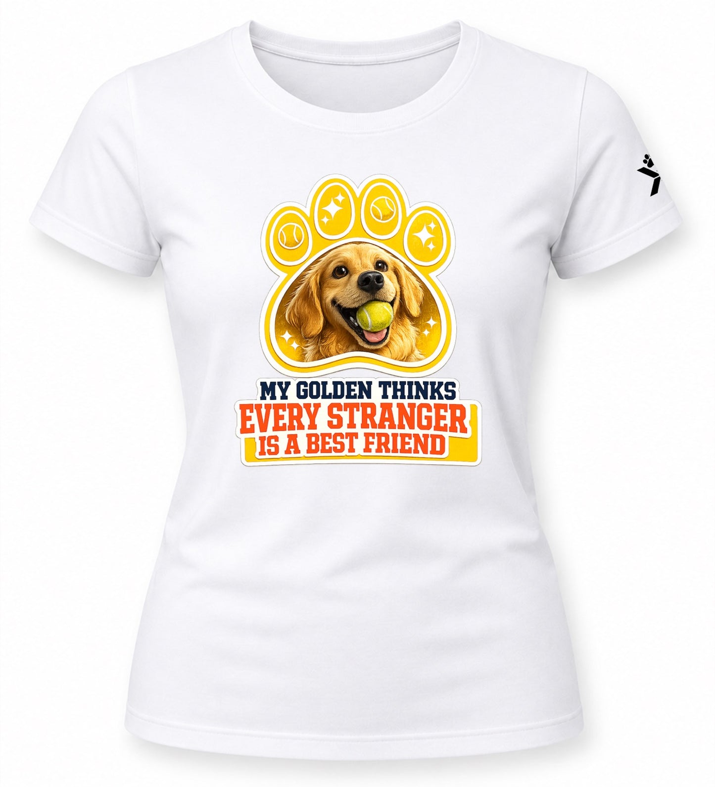 NOMAiX PAWS Golden Retriever T-Shirt for Women - My Golden Thinks Every Stranger Is a Best Friend - Funny Dog Mom Gift Tee - White - Flat