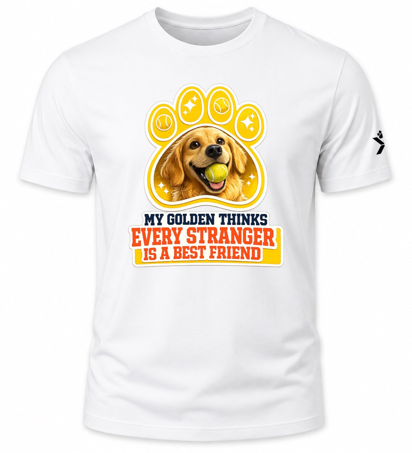 NOMAiX PAWS Golden Retriever T-Shirt for Men - My Golden Thinks Every Stranger Is a Best Friend - Funny Dog Dad Gift Tee - White - Flat