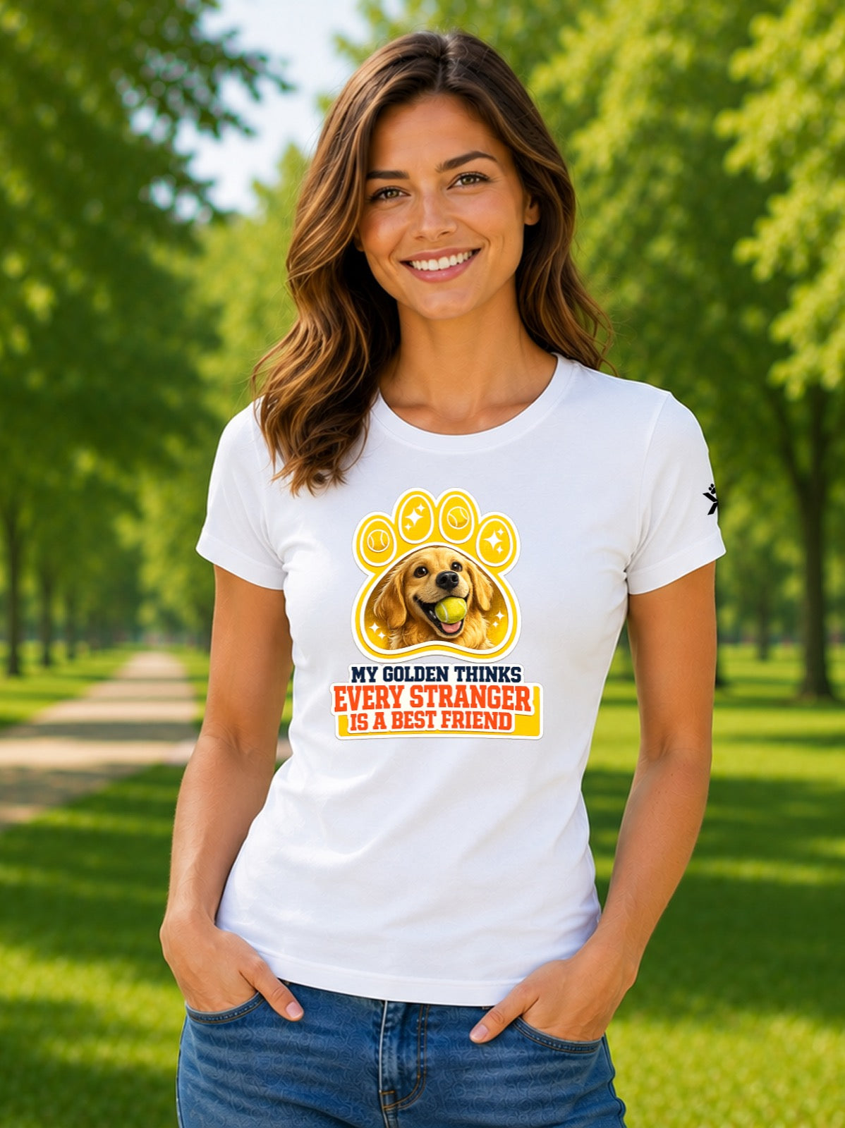 NOMAiX PAWS Golden Retriever T-Shirt for Women - My Golden Thinks Every Stranger Is a Best Friend - Funny Dog Mom Gift Tee - White - Lifestyle