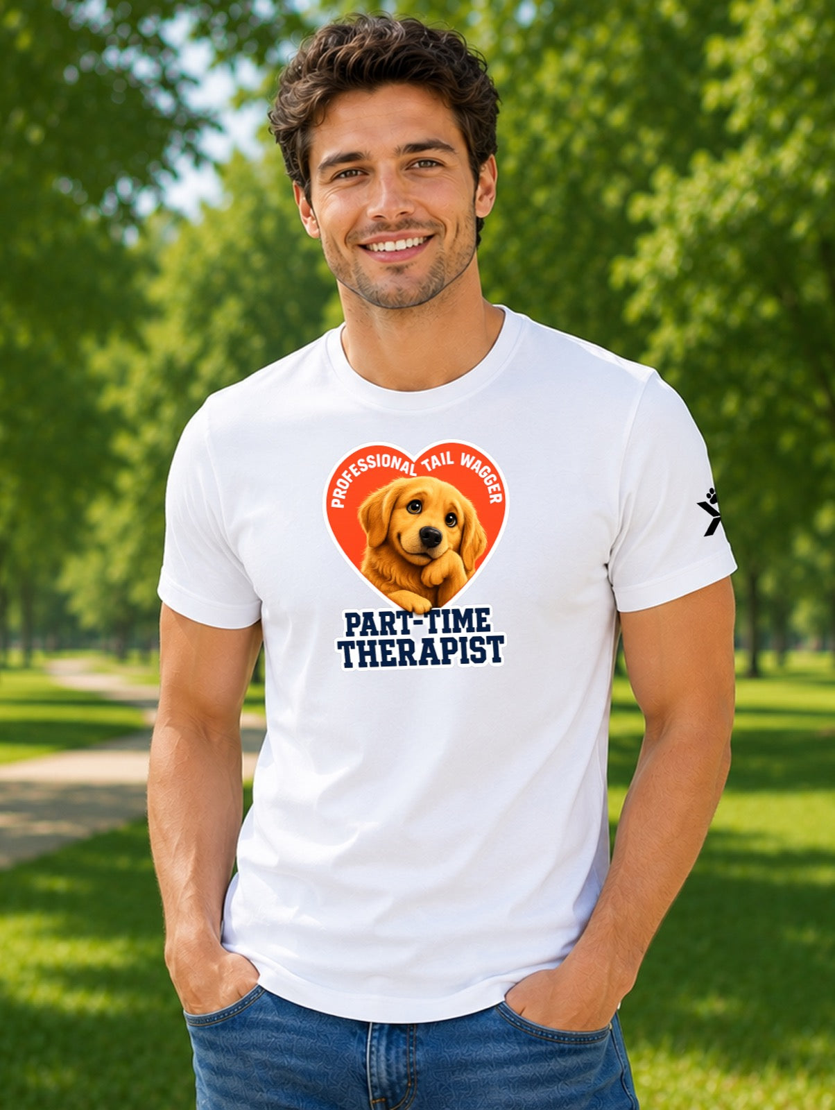 NOMAiX PAWS Golden Retriever T-Shirt for Men - Professional Tail Wagger Part-Time Therapist - Funny Dog Dad Gift Tee - White - Lifestyle