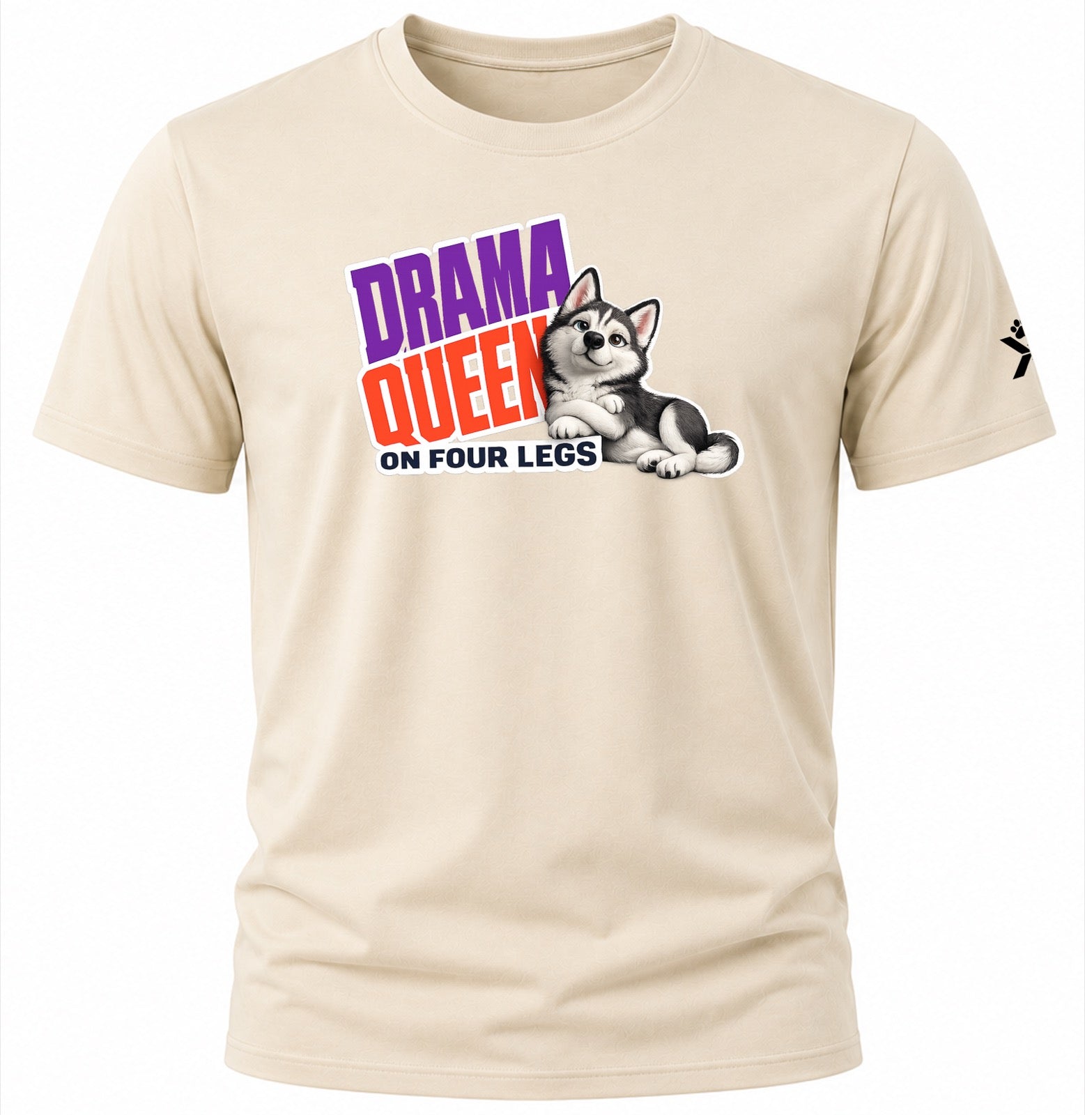 NOMAiX PAWS Husky T-Shirt for Men - Drama Queen on Four Legs - Funny Dog Dad Gift Tee - Beige - Flat