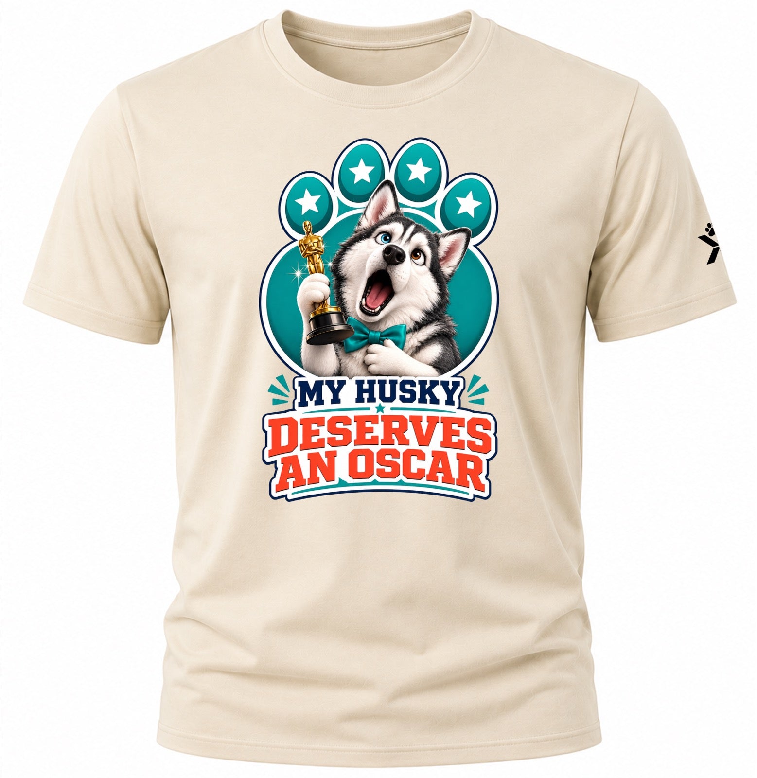 NOMAiX PAWS Husky T-Shirt for Men - My Husky Deserves an Oscar - Funny Dog Dad Gift Tee - Beige - Flat