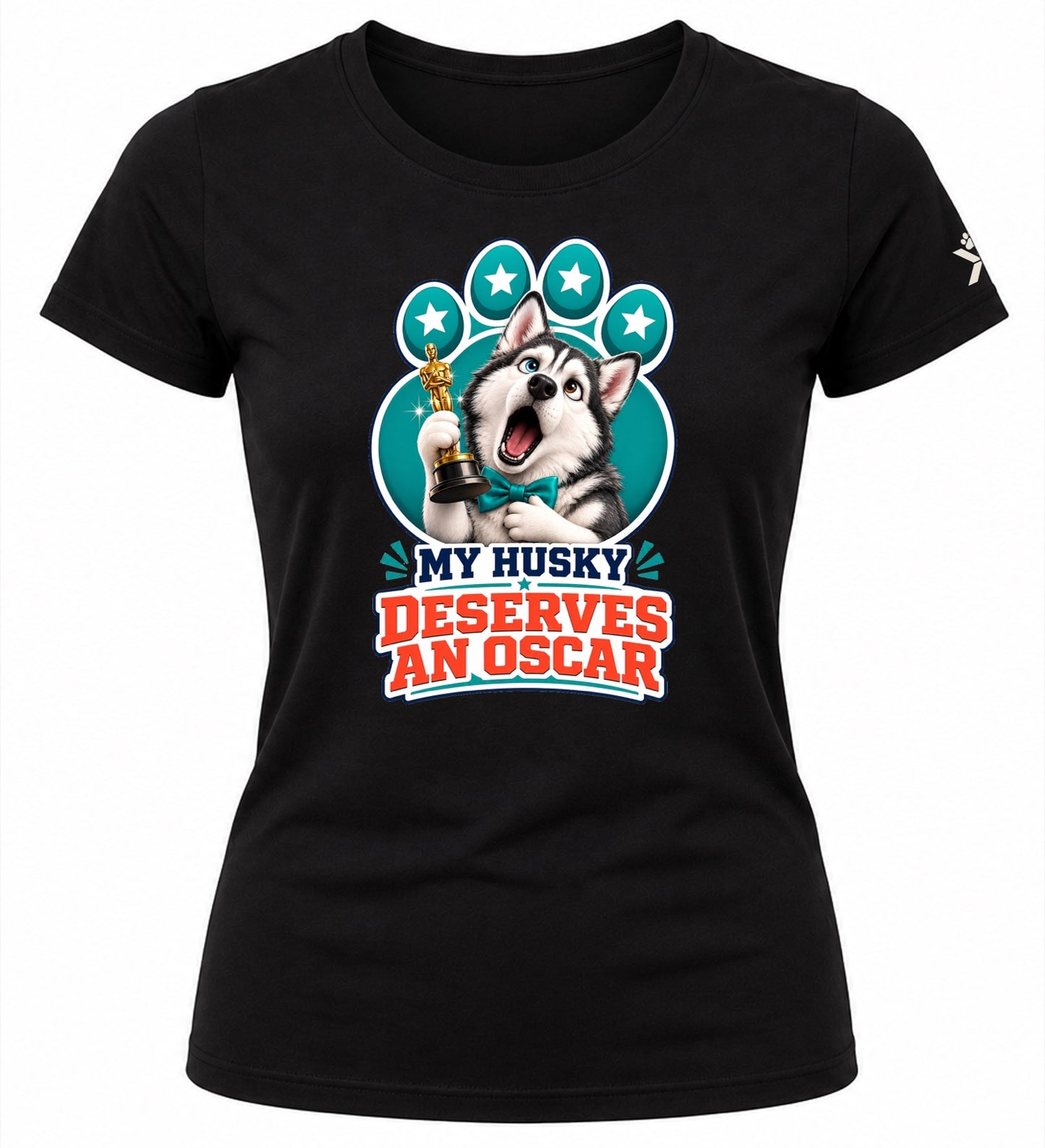 NOMAiX PAWS Husky T-Shirt for Women - My Husky Deserves an Oscar - Funny Dog Mom Gift Tee - Black - Flat