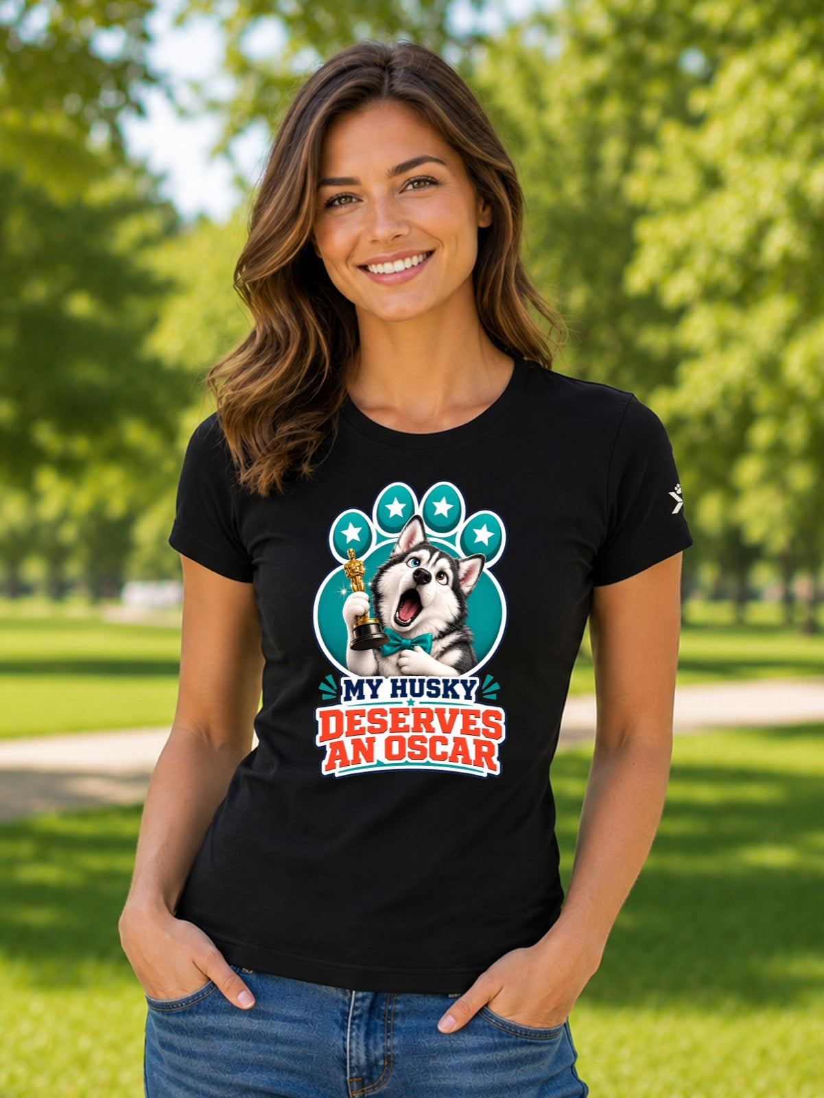 NOMAiX PAWS Husky T-Shirt for Women - My Husky Deserves an Oscar - Funny Dog Mom Gift Tee - Black - Lifestyle