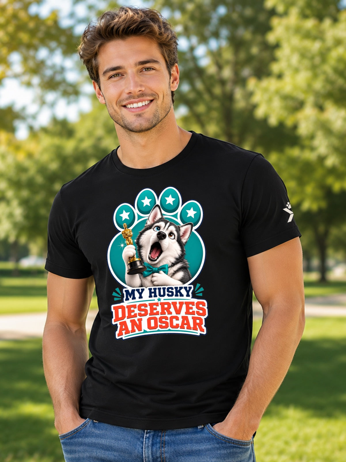 NOMAiX PAWS Husky T-Shirt for Men - My Husky Deserves an Oscar - Funny Dog Dad Gift Tee - Black - Lifestyle