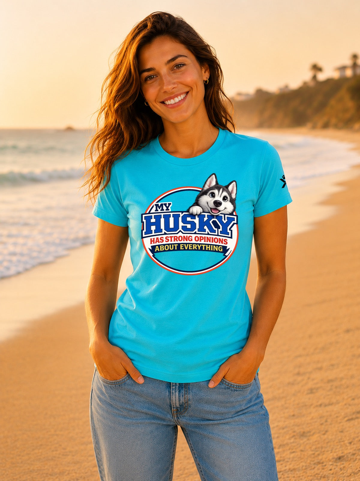 NOMAiX PAWS Husky T-Shirt for Women - My Husky Has Strong Opinions About Everything - Funny Dog Mom Gift Tee - Cyan - Lifestyle