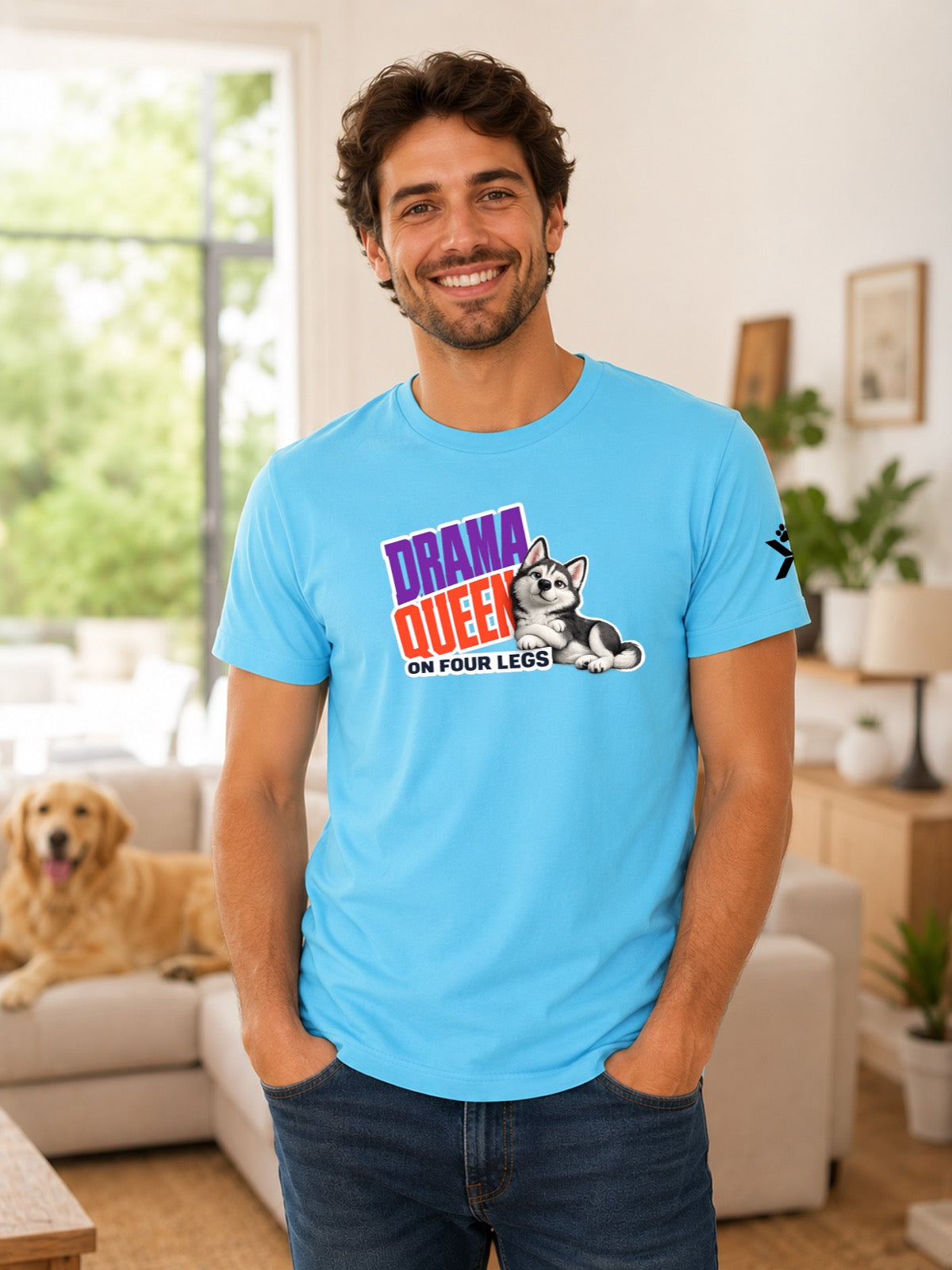 NOMAiX PAWS Husky T-Shirt for Men - Drama Queen on Four Legs - Funny Dog Dad Gift Tee - Cyan - Lifestyle