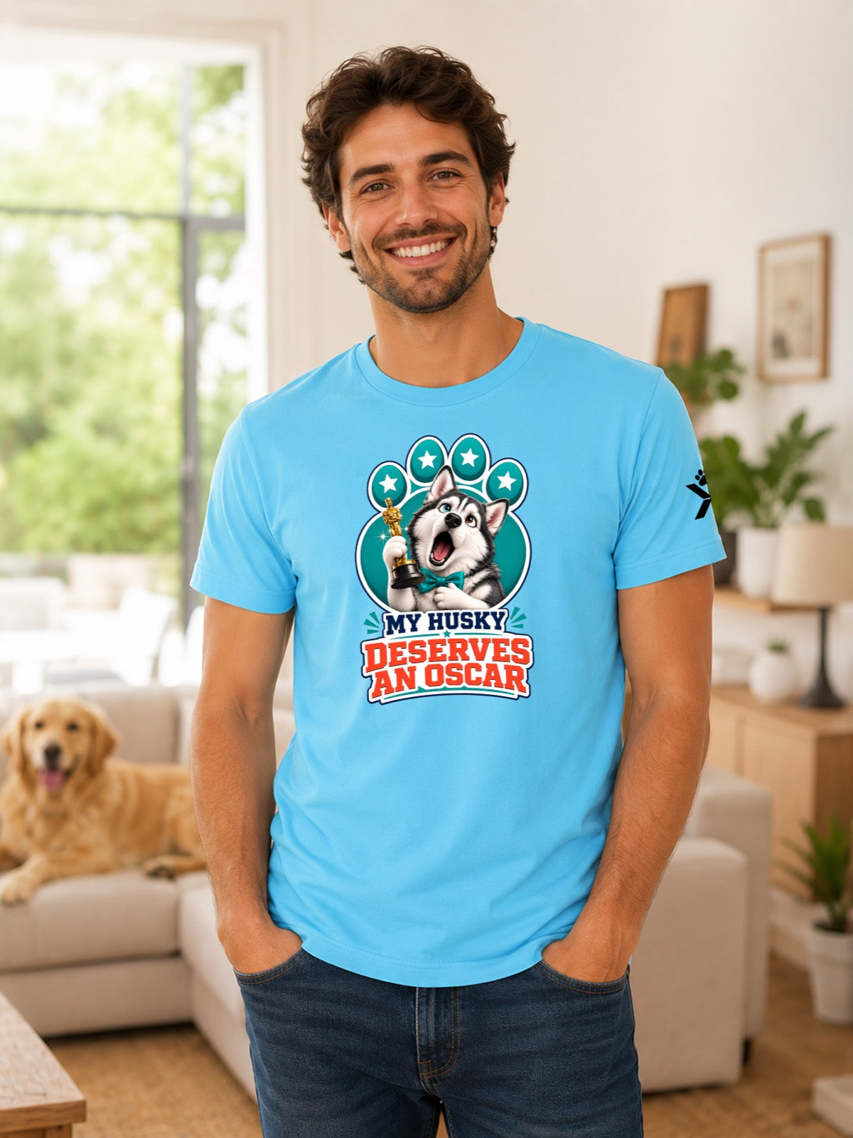NOMAiX PAWS Husky T-Shirt for Men - My Husky Deserves an Oscar - Funny Dog Dad Gift Tee - Cyan - Lifestyle