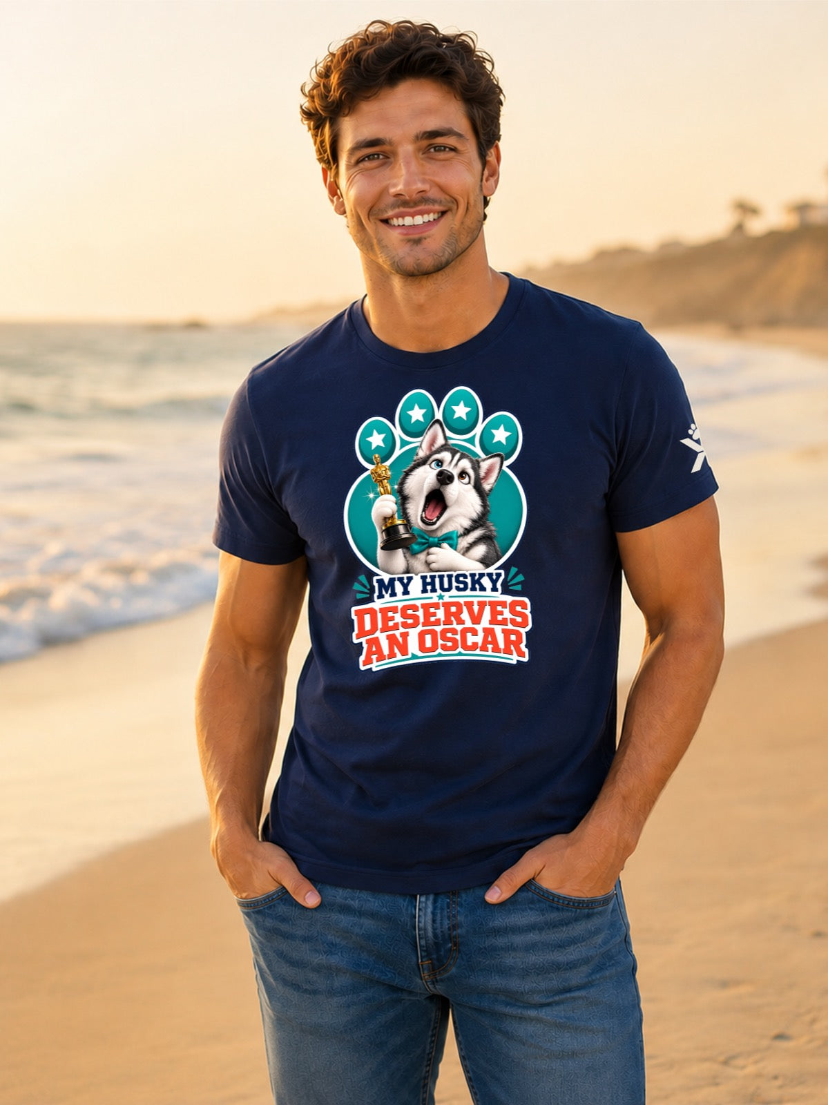 NOMAiX PAWS Husky T-Shirt for Men - My Husky Deserves an Oscar - Funny Dog Dad Gift Tee - Navy - Lifestyle