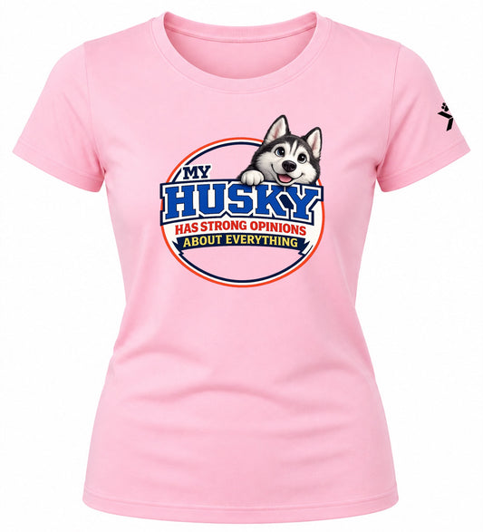 NOMAiX PAWS Husky T-Shirt for Women - My Husky Has Strong Opinions About Everything - Funny Dog Mom Gift Tee - Baby Pink - Flat