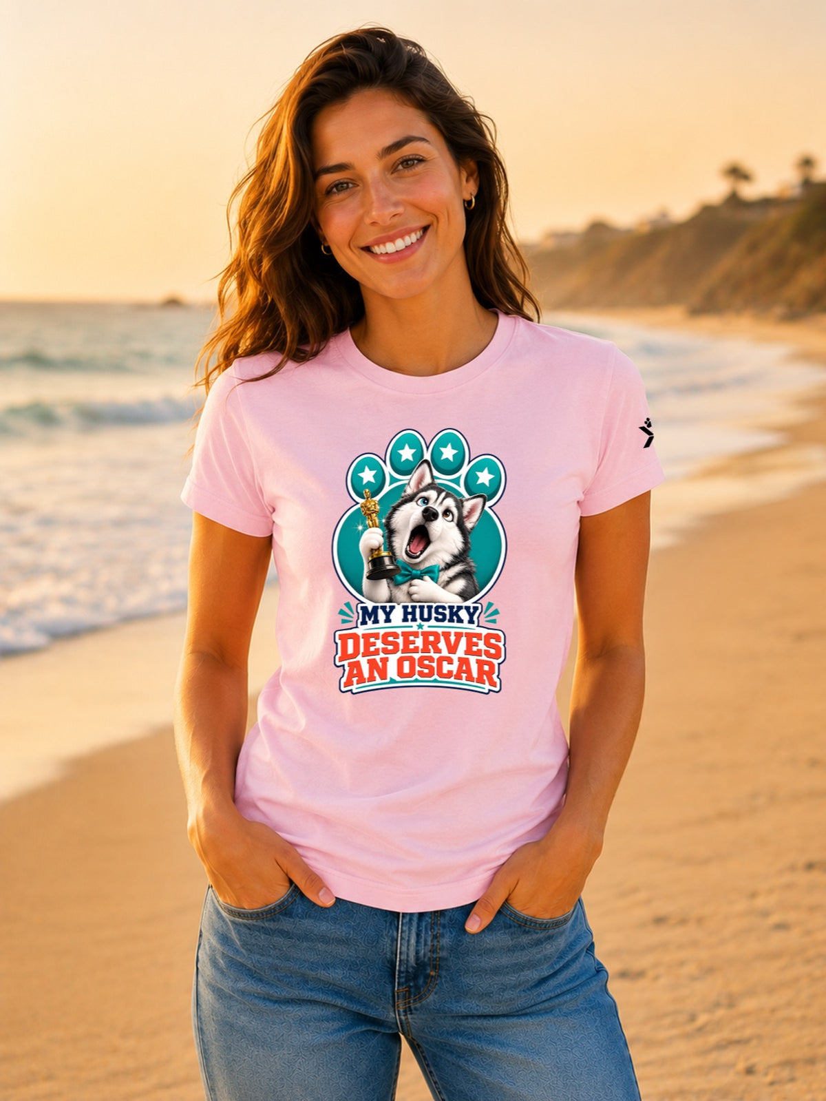 NOMAiX PAWS Husky T-Shirt for Women - My Husky Deserves an Oscar - Funny Dog Mom Gift Tee - Baby Pink - Lifestyle