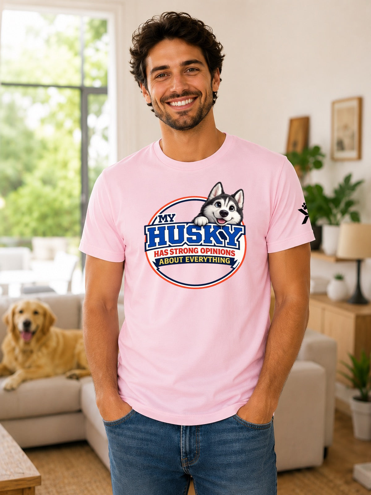 NOMAiX PAWS Husky T-Shirt for Men - My Husky Has Strong Opinions About Everything - Funny Dog Dad Gift Tee - Pink - Lifestyle