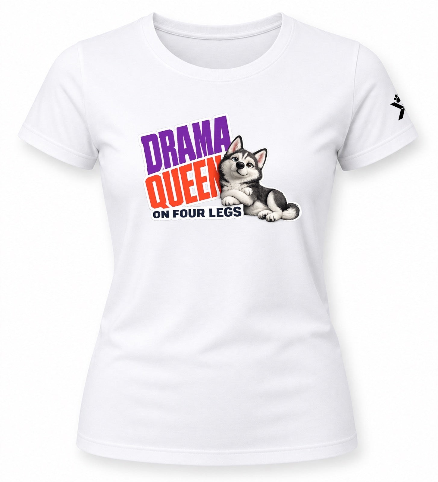 NOMAiX PAWS Husky T-Shirt for Women - Drama Queen on Four Legs - Funny Dog Mom Gift Tee - White - Flat