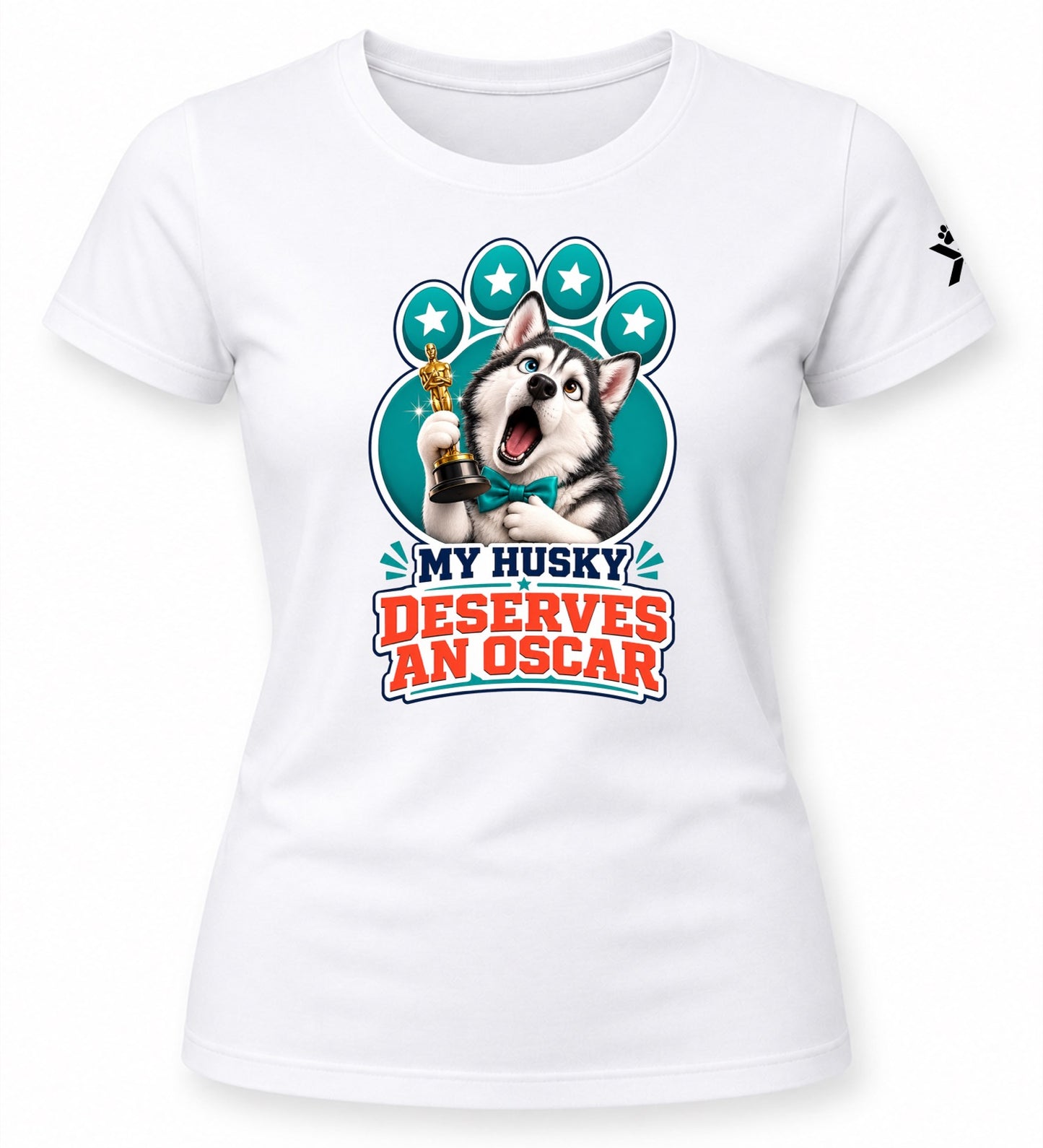 NOMAiX PAWS Husky T-Shirt for Women - My Husky Deserves an Oscar - Funny Dog Mom Gift Tee - White - Flat