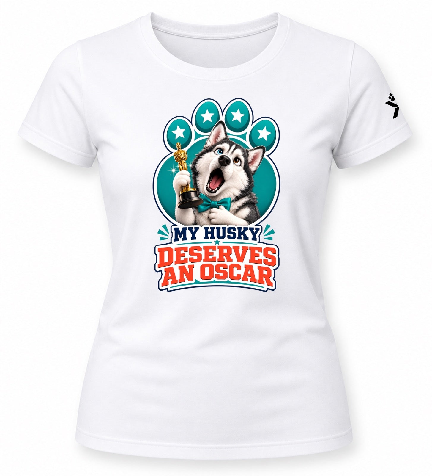 NOMAiX PAWS Husky T-Shirt for Women - My Husky Deserves an Oscar - Funny Dog Mom Gift Tee - White - Flat