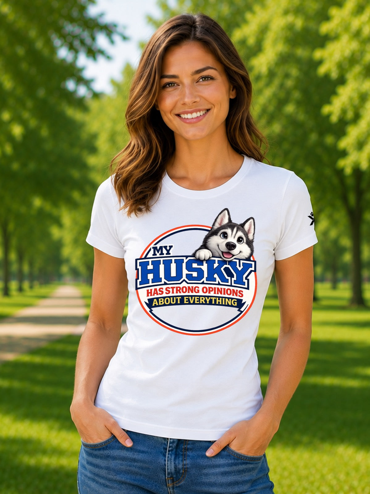 NOMAiX PAWS Husky T-Shirt for Women - My Husky Has Strong Opinions About Everything - Funny Dog Mom Gift Tee - White - Lifestyle