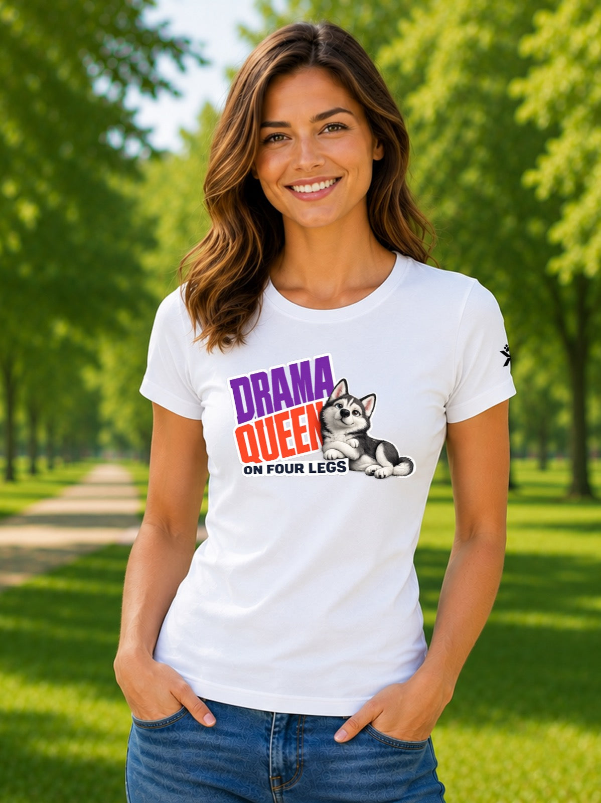 NOMAiX PAWS Husky T-Shirt for Women - Drama Queen on Four Legs - Funny Dog Mom Gift Tee - White - Lifestyle