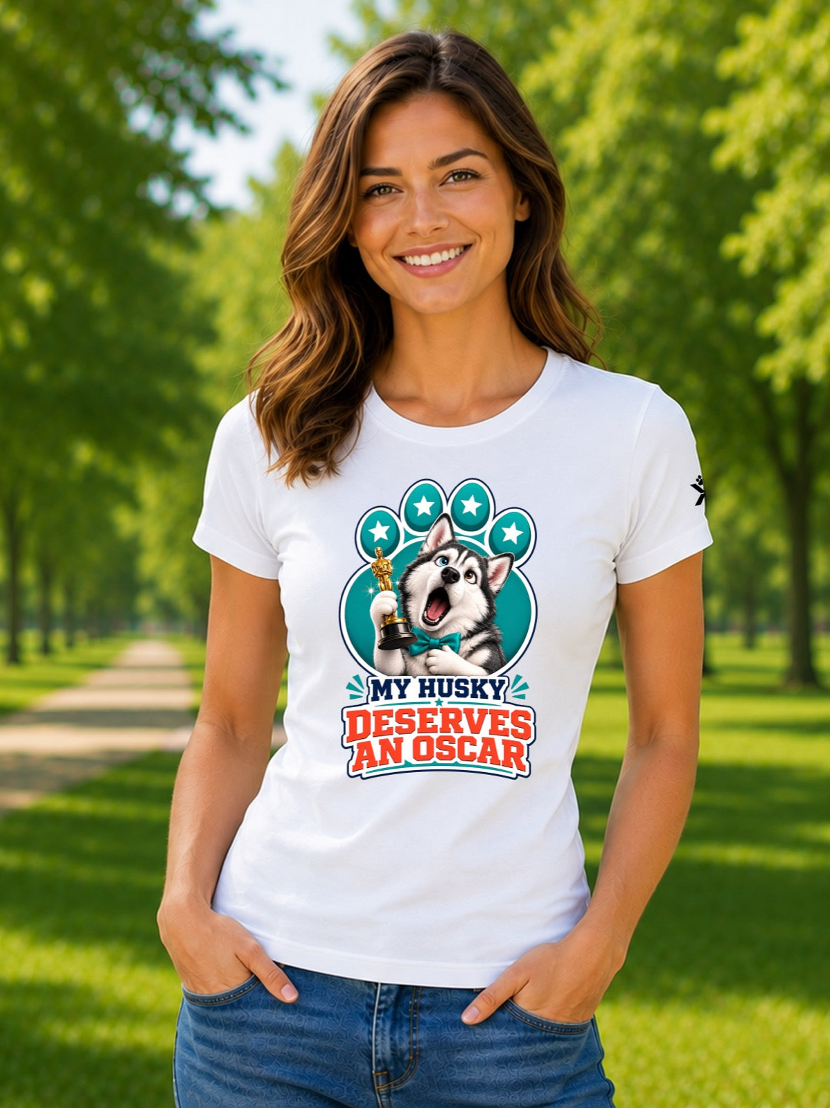 NOMAiX PAWS Husky T-Shirt for Women - My Husky Deserves an Oscar - Funny Dog Mom Gift Tee - White - Lifestyle