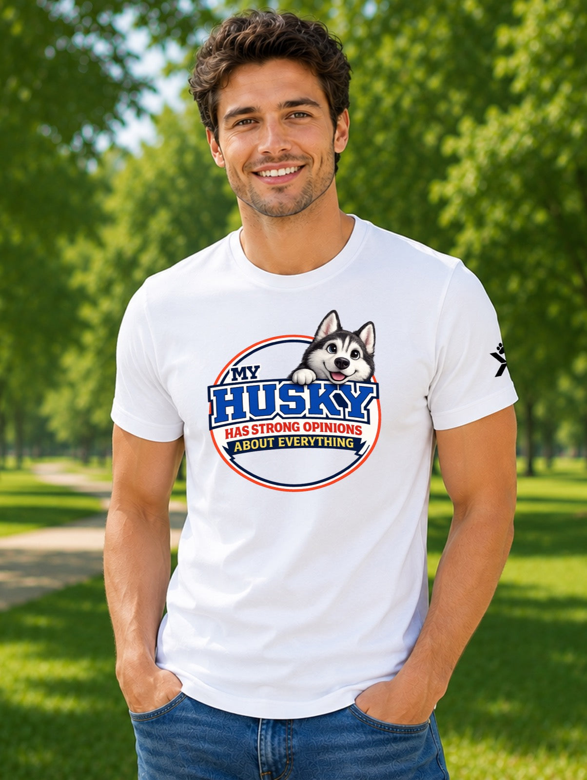 NOMAiX PAWS Husky T-Shirt for Men - My Husky Has Strong Opinions About Everything - Funny Dog Dad Gift Tee - White - Lifestyle