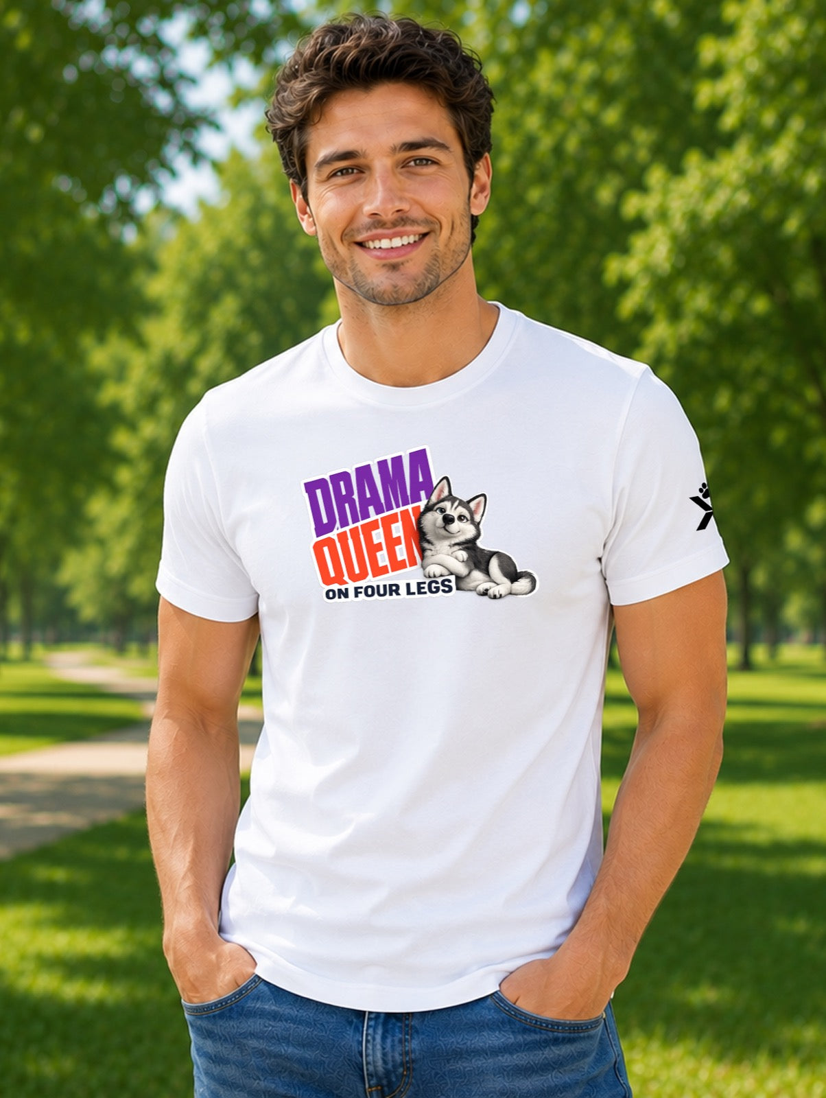 NOMAiX PAWS Husky T-Shirt for Men - Drama Queen on Four Legs - Funny Dog Dad Gift Tee - White - Lifestyle